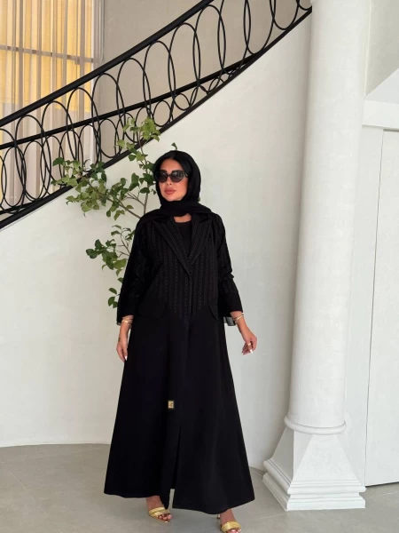 Black Embroidered Crepe Abaya IB172 Black