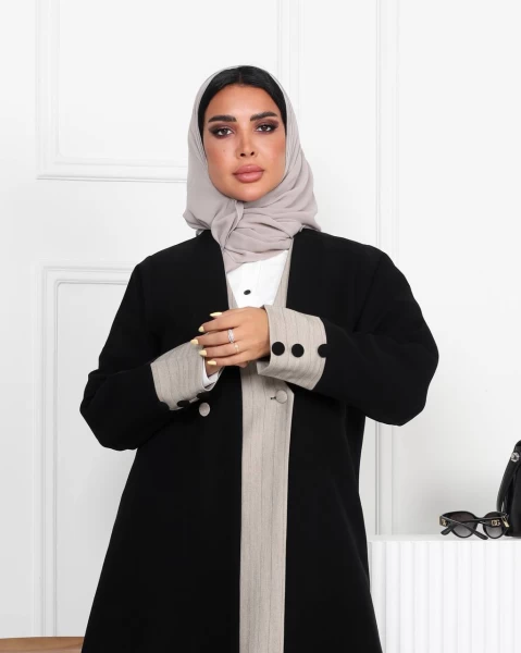 Black Crepe Abaya with Striped Beige IB211